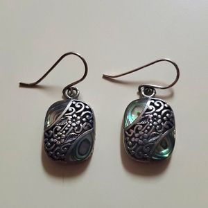 Silver tone earrings with jade-like inlay